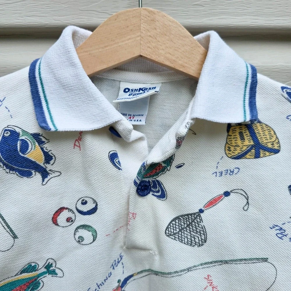 VTG OshKosh B'Gosh Boys 4T Fly Fishing Print Polo Shirt USA 90s Outdoors